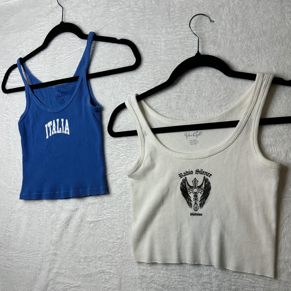 John Galt Tank Top Lot Womens OS Blue White Italia Radio Silence Ribbed Cropped